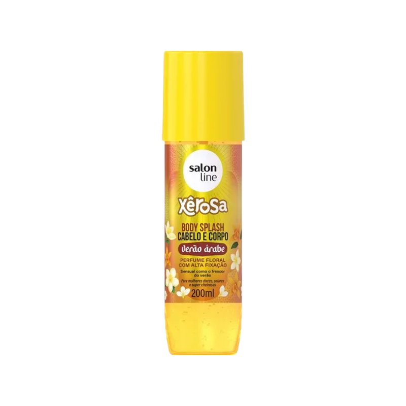 Frasco amarelo do Body Splash Salon Line Xerosa Verão Árabe 200ml em fundo claro.
