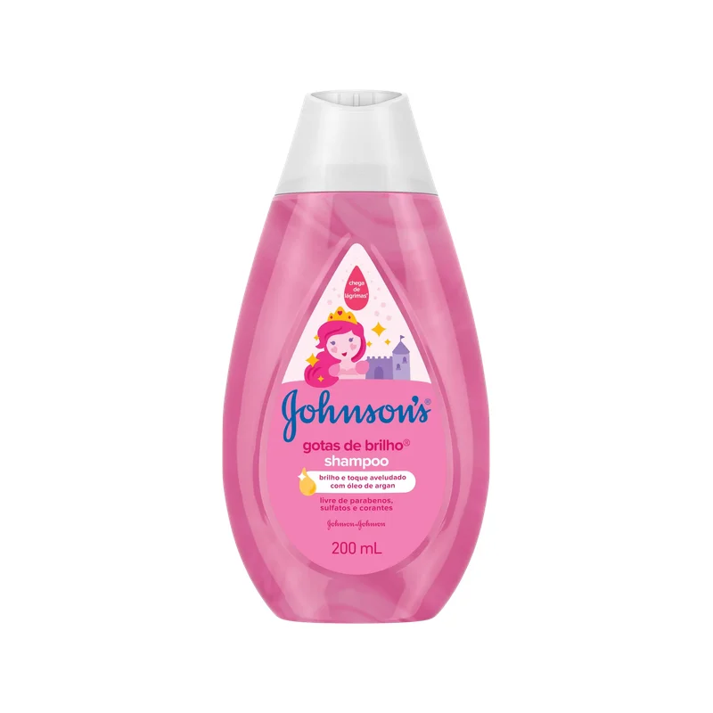 Frasco rosa do Shampoo Johnson’s Baby Gotas de Brilho 200ml em destaque