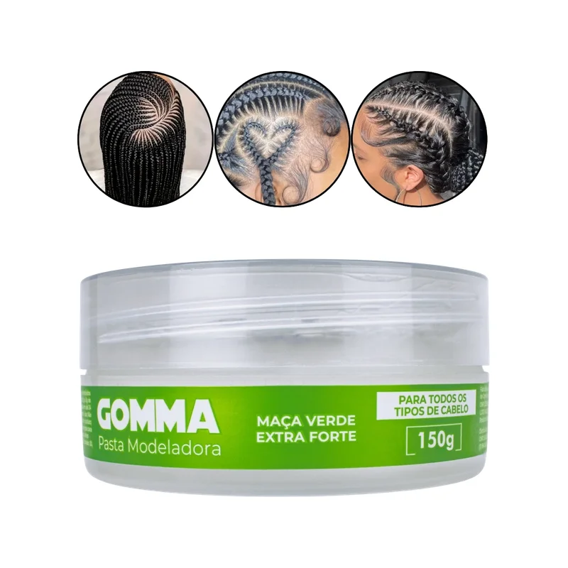 Embalagem da Pasta Modeladora Gomma Maçã Verde Extra Forte 150g em fundo branco.