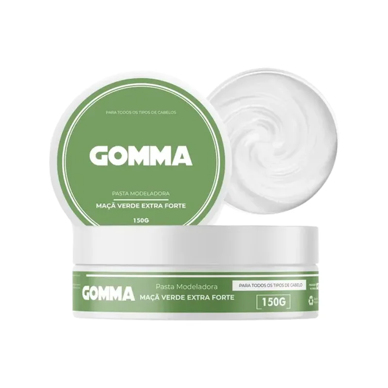 Pasta Modeladora Gomma Maçã Verde Extra Forte 150g com produto branco visível na embalagem.