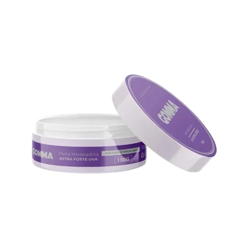 Pasta Modeladora Gomma Uva 150g para Cabelos aberta, evidenciando o produto branco.