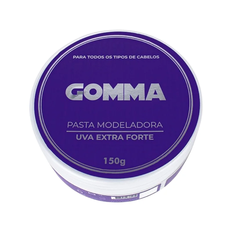Pote fechado da Pasta Modeladora Gomma Uva 150g para Cabelos sobre fundo branco.