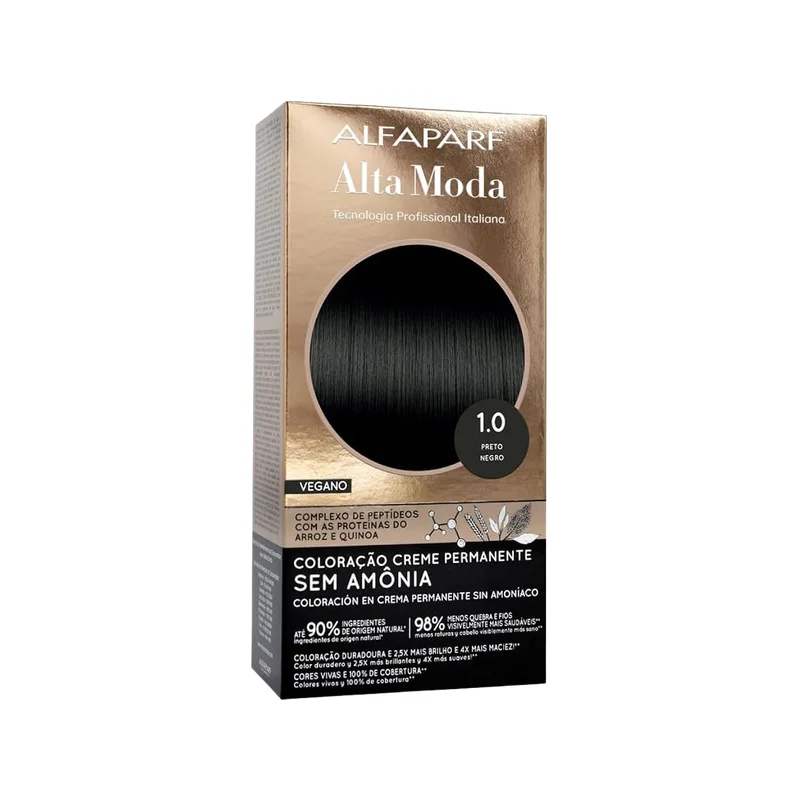 Frente da embalagem da Coloração Creme Permanente Tint Altamoda S/Amônia 1.0 Preto da Alfaparf Alta Moda.