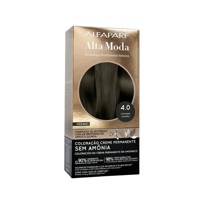 Frente da embalagem da coloração Alfaparf Alta Moda 4.0 Castanho.