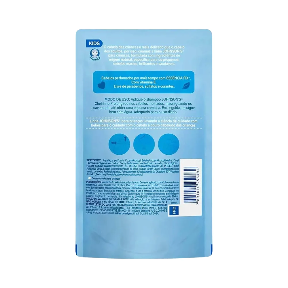 Embalagem de refil do Shampoo Infantil Johnson’s Baby Cheirinho Prolongado 180ml
